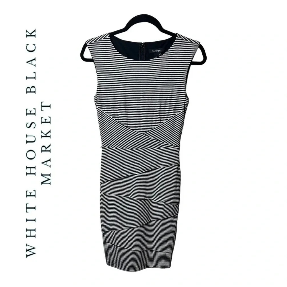 1259. WHITE HOUSE BLACK MARKET SLEEVELESS KNEE LENGTH DRESS SIZEโ 2 BLACK/WHITE
